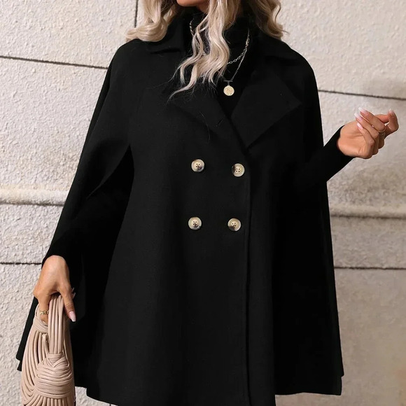 Black Elegant Women's Double Breasted Cloak Sleeve Cape Overcoat - Picture 6 of 6